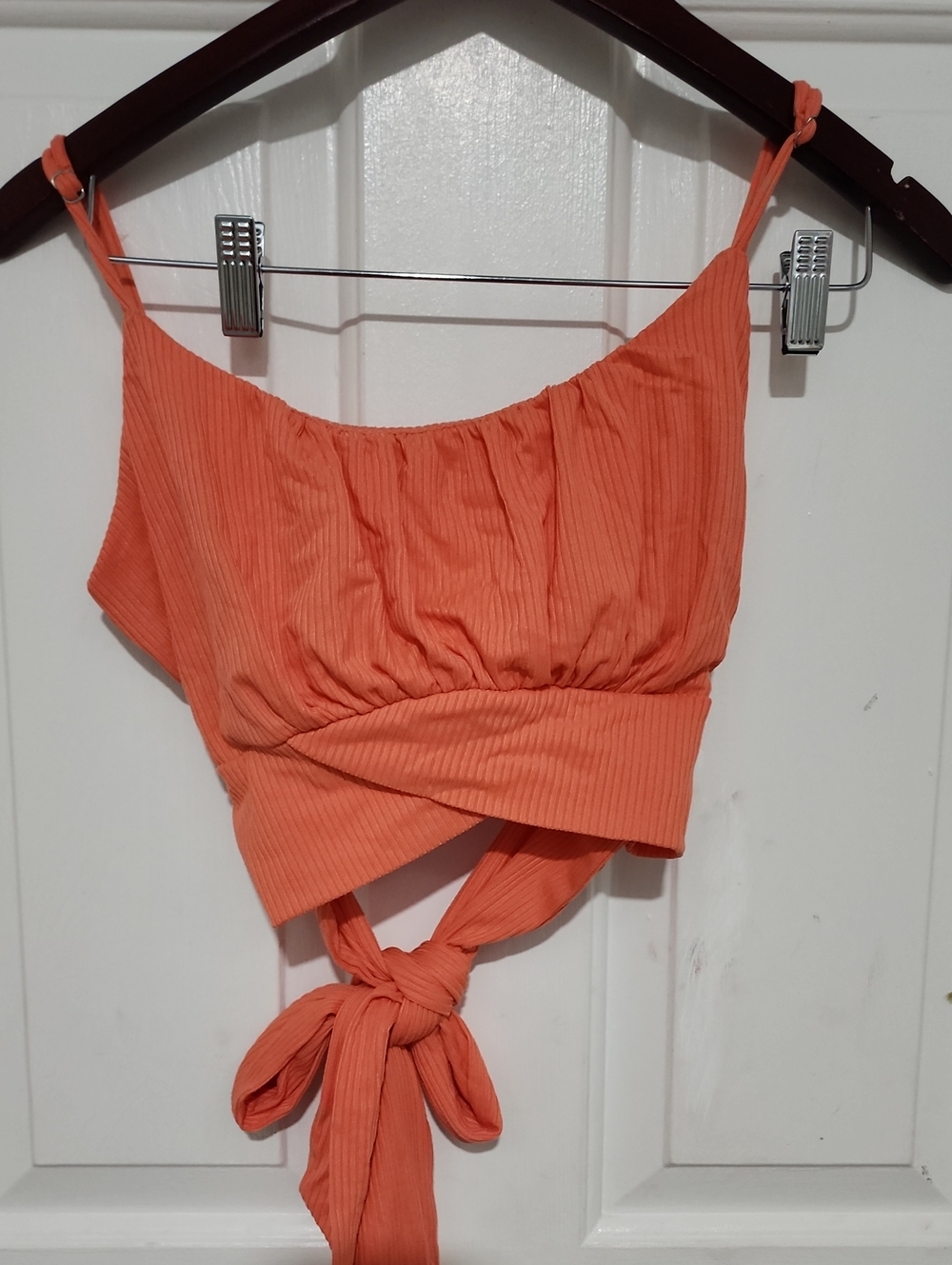 Women's Orange Ribbed Tie-Back Crop Top